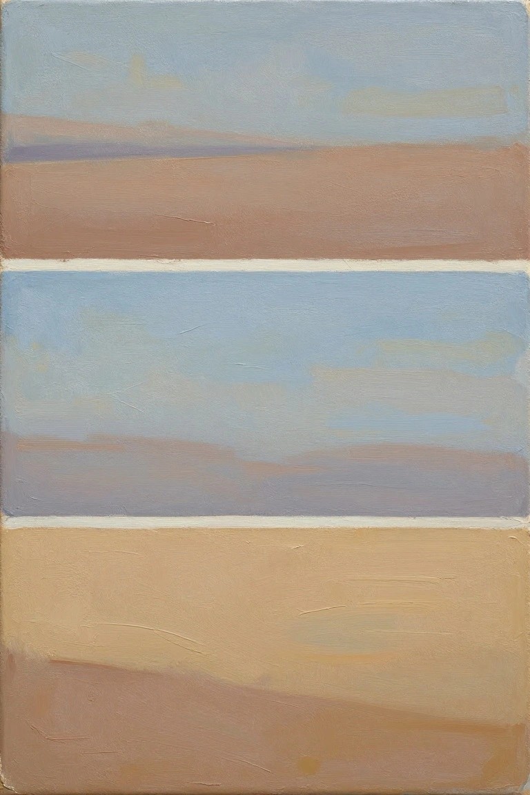 An abstract oil painting divided into horizontal bands of blue sky tones, brown earth tones, and beige at the bottom with soft blending between sections.
