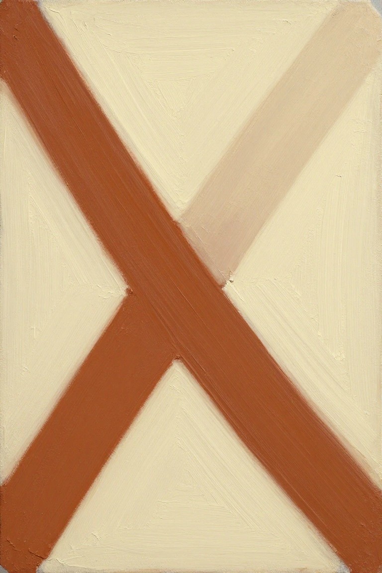 Bold rust-colored X with visible brushstrokes on textured off-white background.