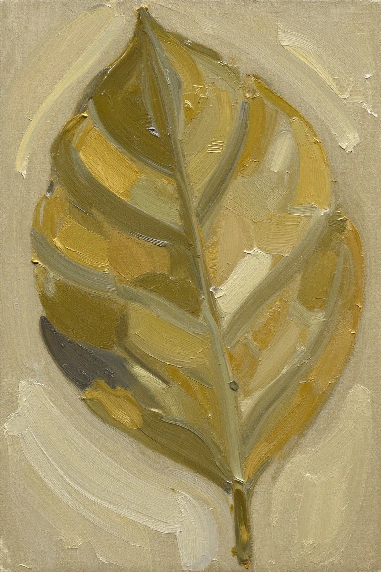 Thickly textured painting of a leaf in earthy green, yellow, and gray tones