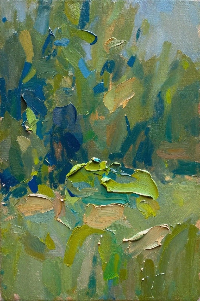 Thickly textured abstract painting of lush green foliage with blue accents