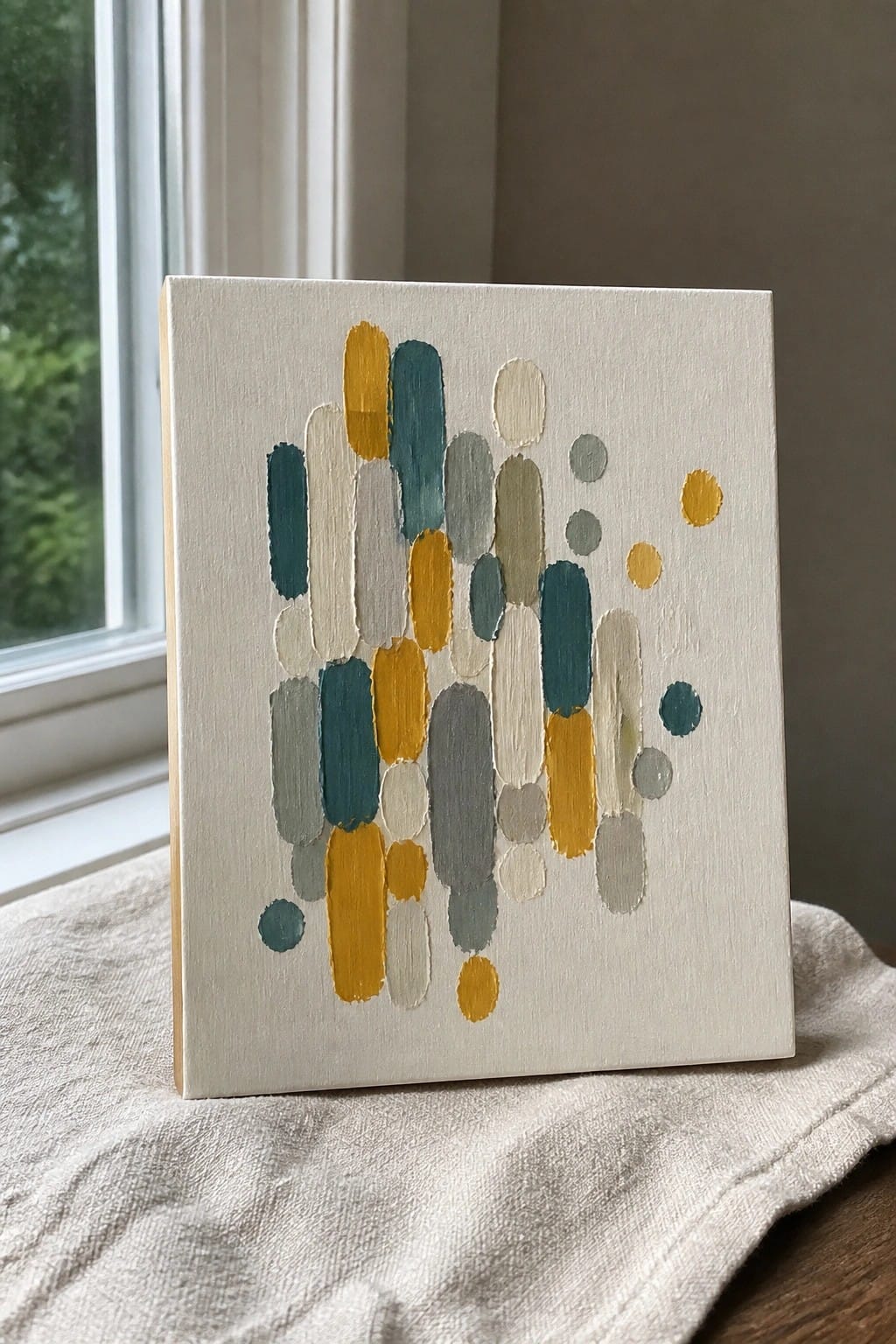 Abstract canvas with yellow teal gray oval shapes on white background near window