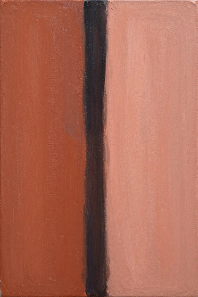 Abstract painting with vertical bands of reddish-brown, black, and peach.