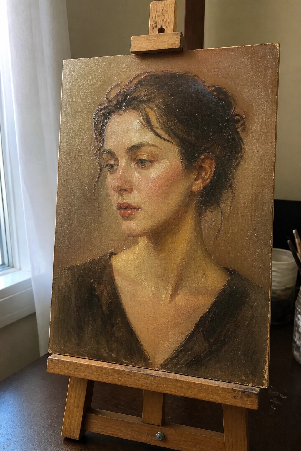 Realistic oil portrait of a woman in dark top on wooden easel