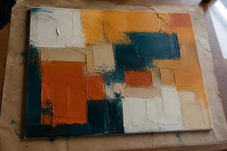 22 Modern Oil Painting Techniques for Creating Rich Texture on Canvas Abstract acrylic painting with overlapping geometric blocks in orange, teal, white, and yellow.