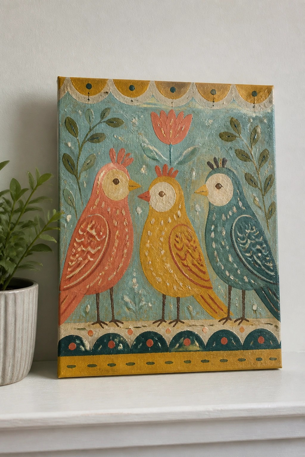 Folk art painting of three colorful birds in red, yellow, and teal with floral motifs.