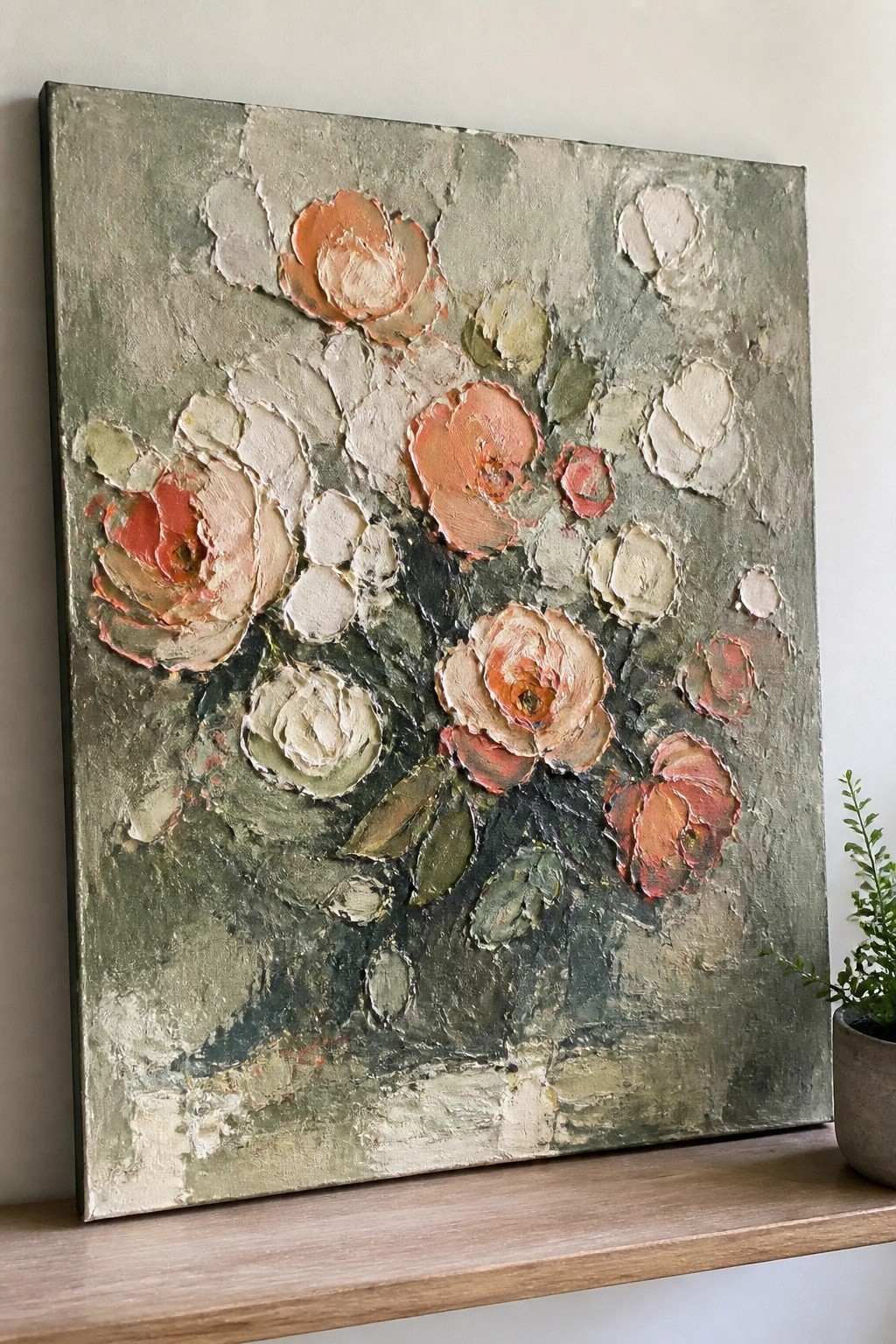 Textured abstract painting of peach and coral roses on muted green background