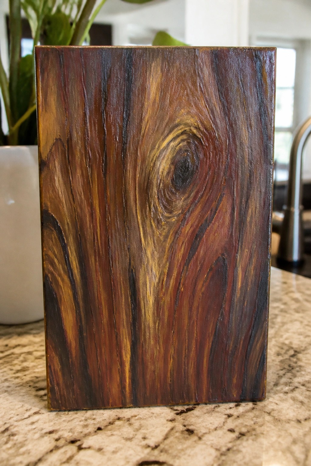 Rectangular wooden board with swirling dark grain and central burl knot on marble counter