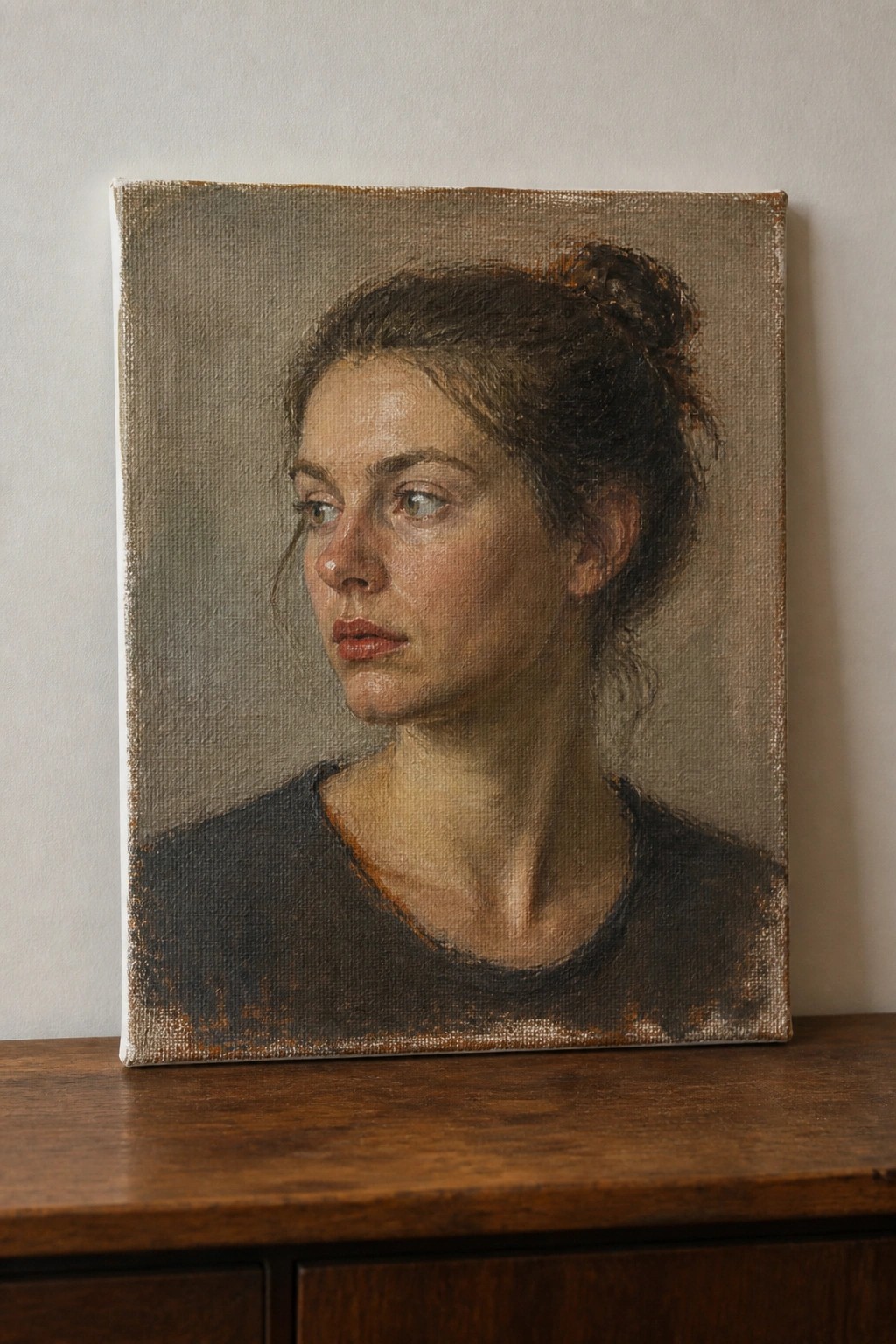 Realistic oil painting of a woman with dark hair in a bun and dark top on wood.