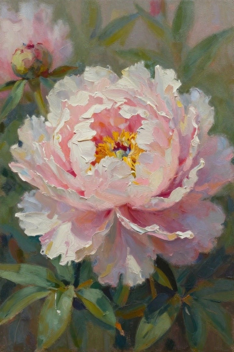 Large blooming peony with soft pink and white petals, yellow center, green leaves