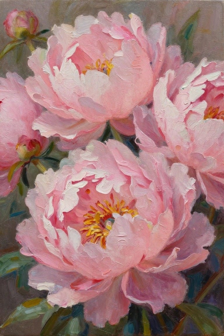 An oil painting of several large pink peony flowers with layered petals and yellow centers, surrounded by green leaves and buds.