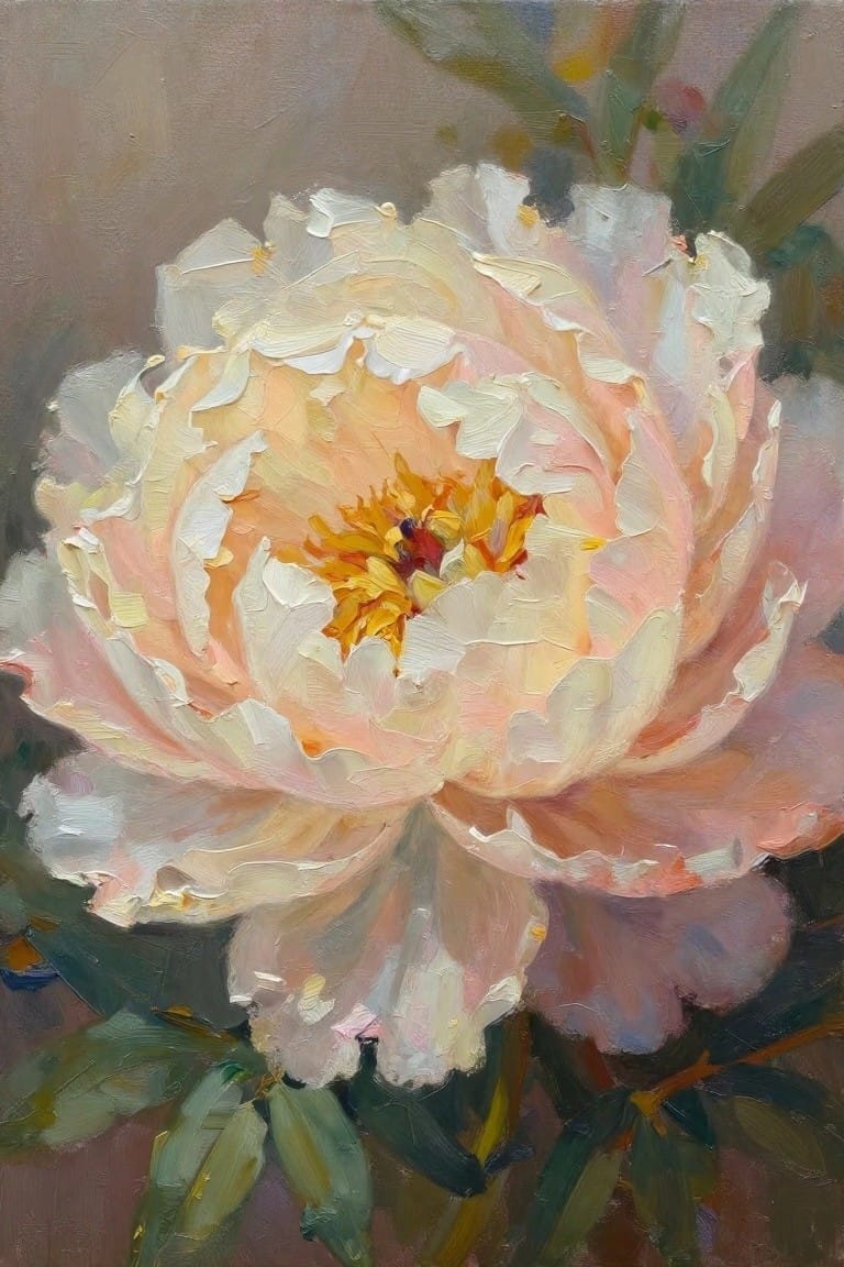 Thickly textured oil painting of a blooming peony with soft pink petals.