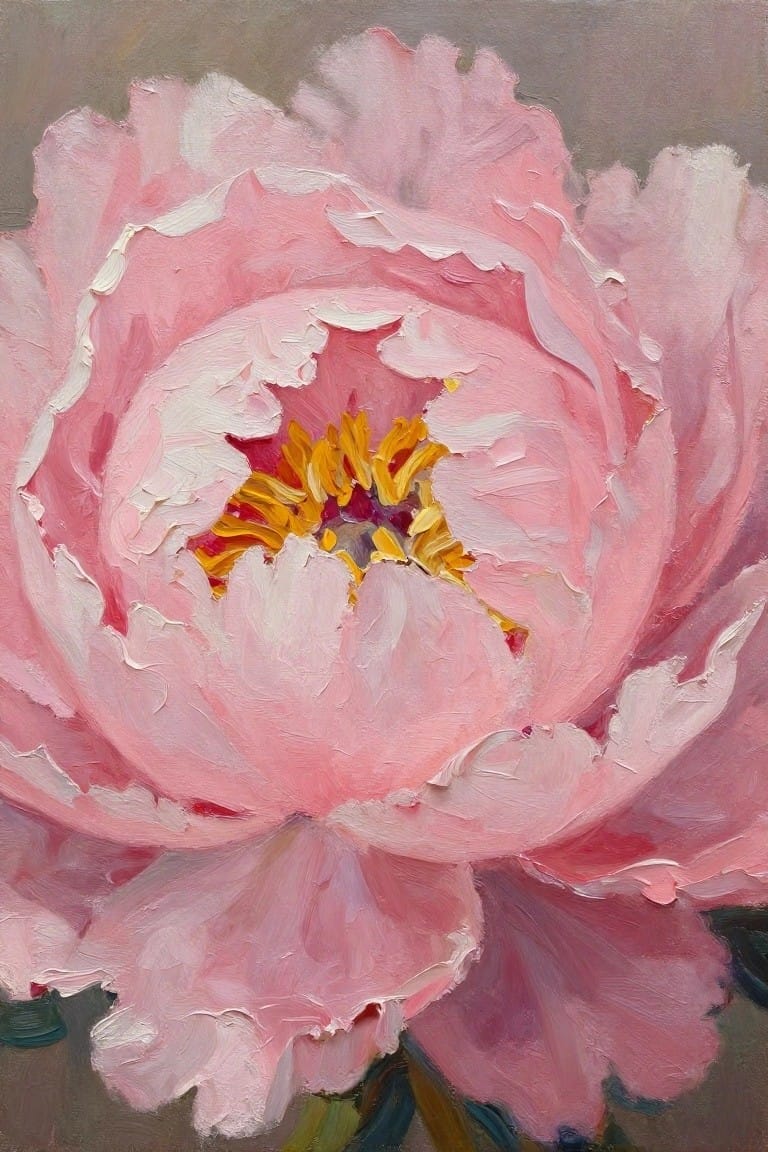 Pink peony with ruffled petals and yellow-red center in thick oil brushstrokes.