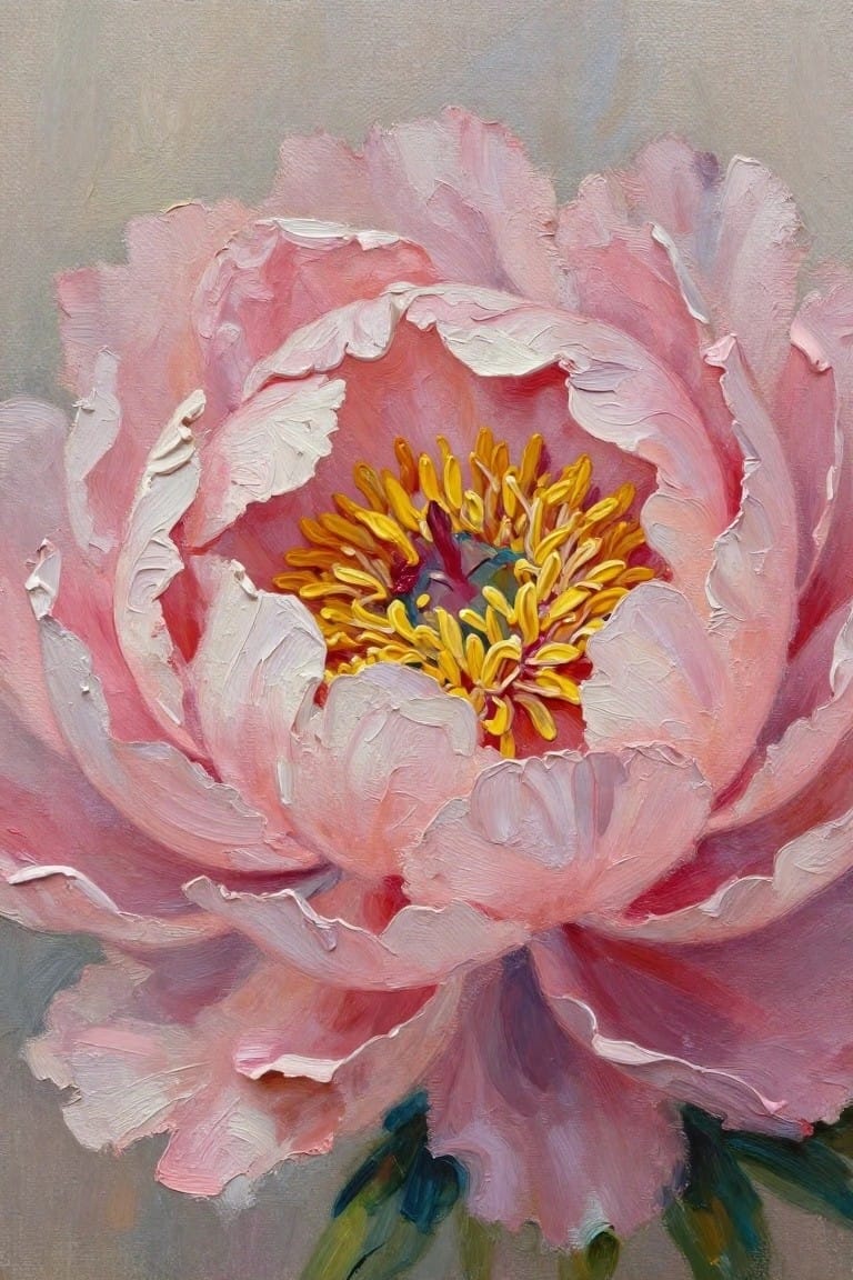 Large pink peony with yellow stamens rendered in thick impasto brushstrokes