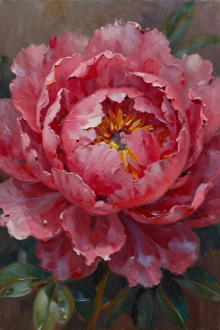 Vibrant pink peony with ruffled petals, yellow center, and green leaves in oil paint.