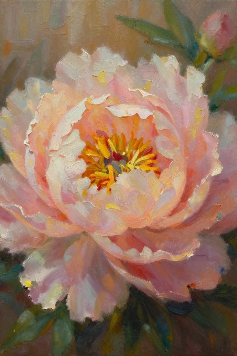 Vibrant pink peony bloom with yellow-orange center in thick oil brushstrokes.