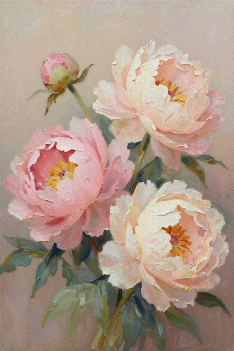 Soft pink peonies in full bloom with green leaves on muted background