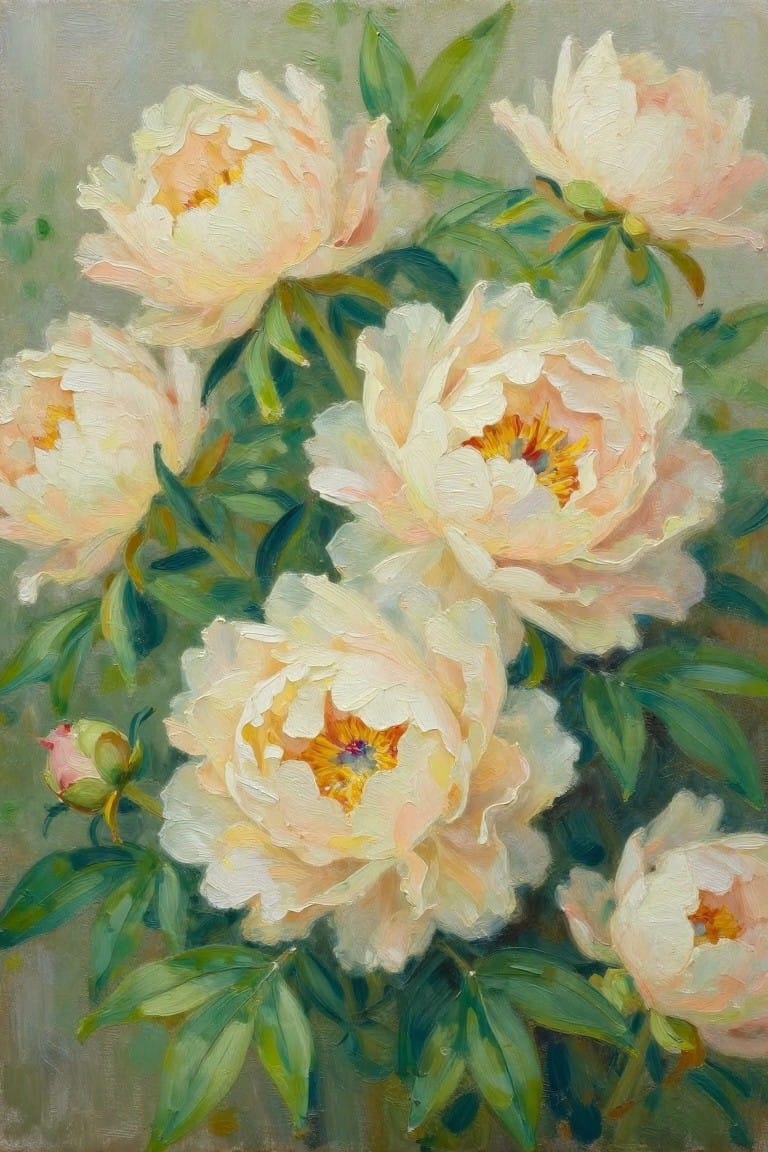 Oil painting of white peonies with yellow centers amid green leaves.