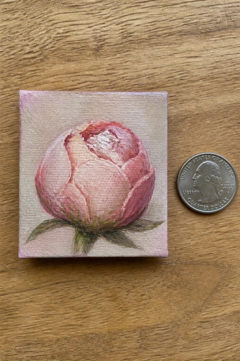 Small pink peony painting on canvas beside US quarter on wood.