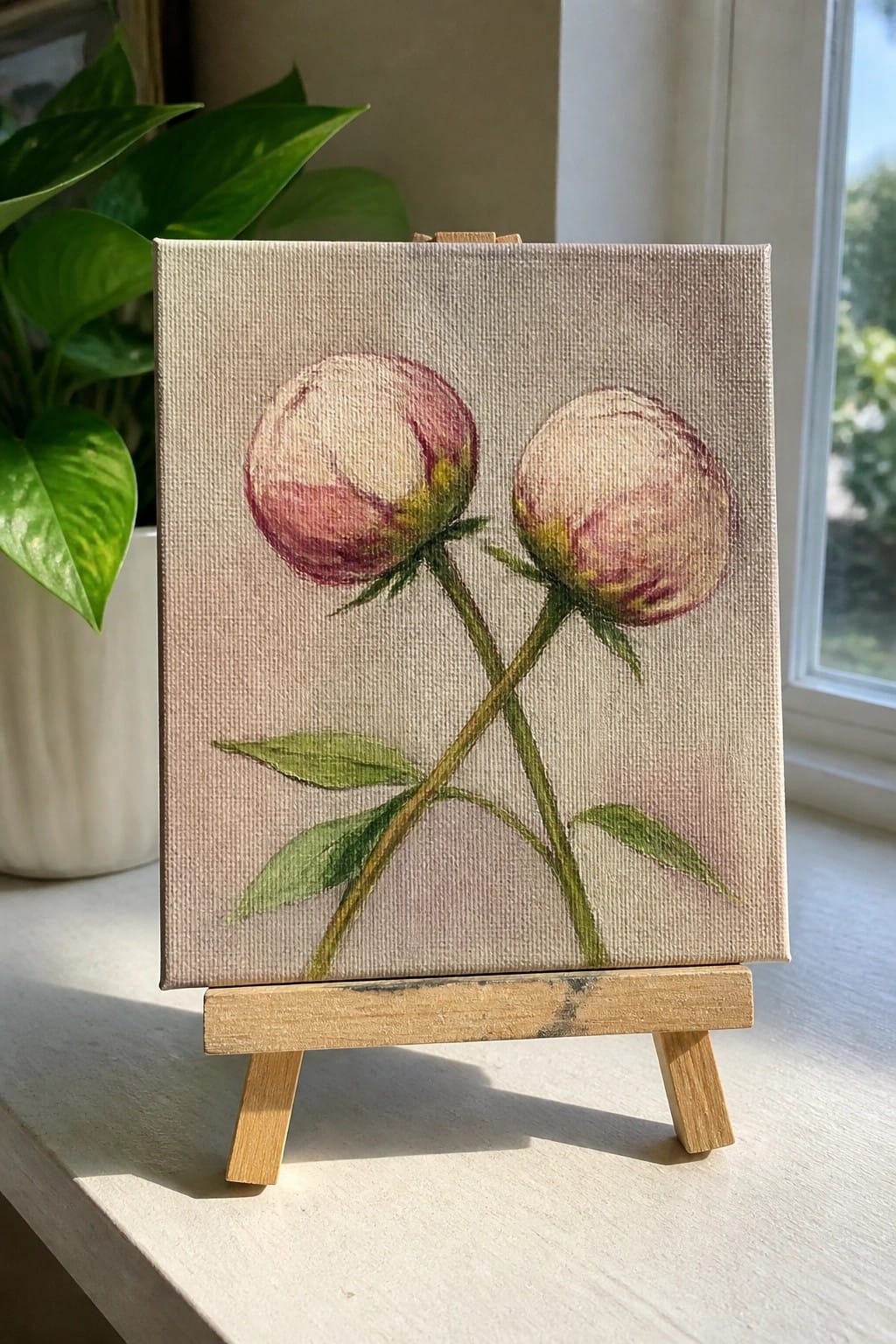 Pink and white peony buds painted on canvas atop wooden easel