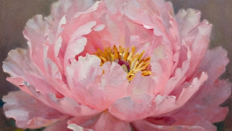 22 Romantic Peony Flower Oil Painting Ideas Featuring Layered Petals and Soft Color Pink peony with ruffled petals and yellow-red center in thick oil brushstrokes.