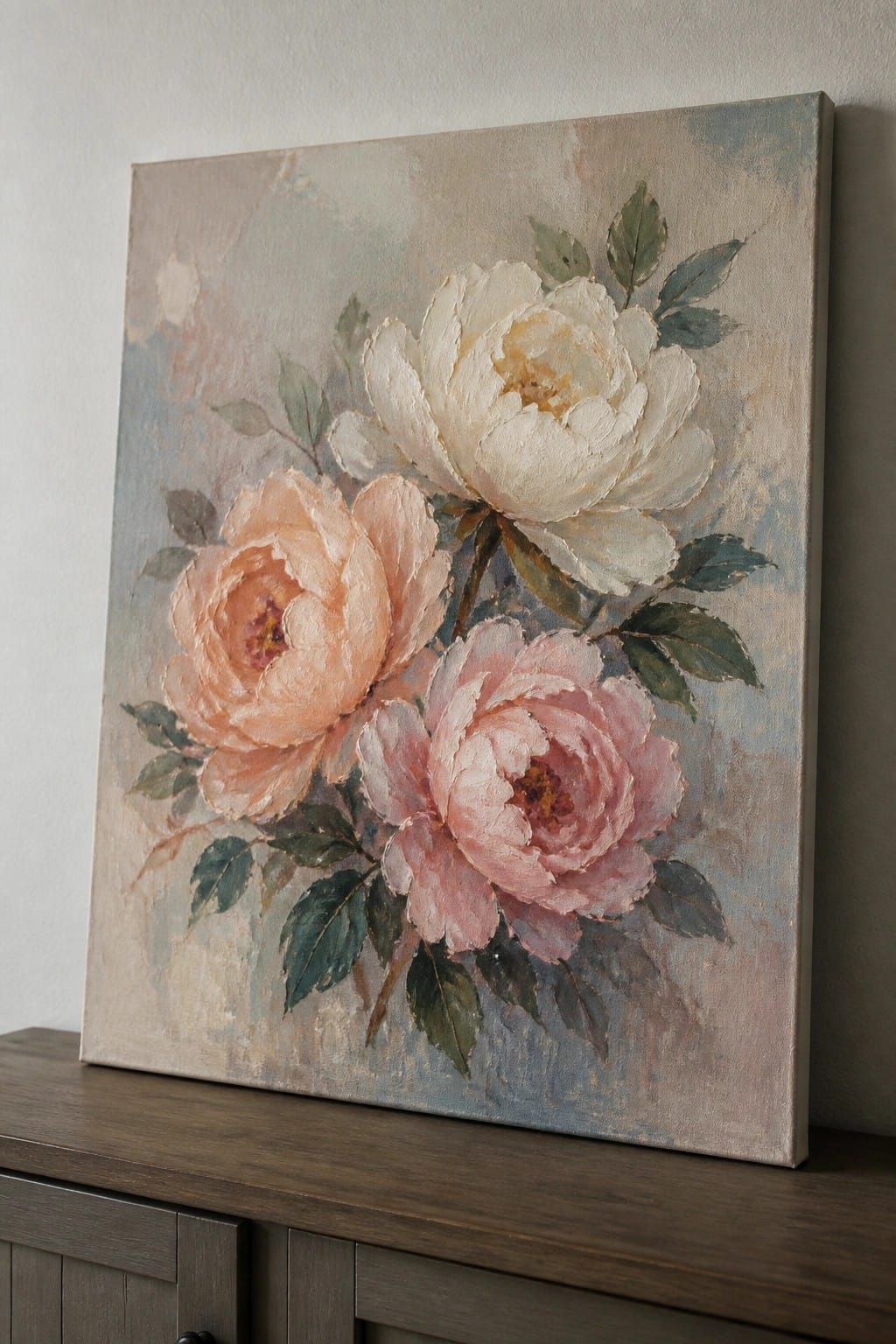 Oil painting of three peonies in white, peach, and pink with green leaves on a textured muted background, resting on dark wood.