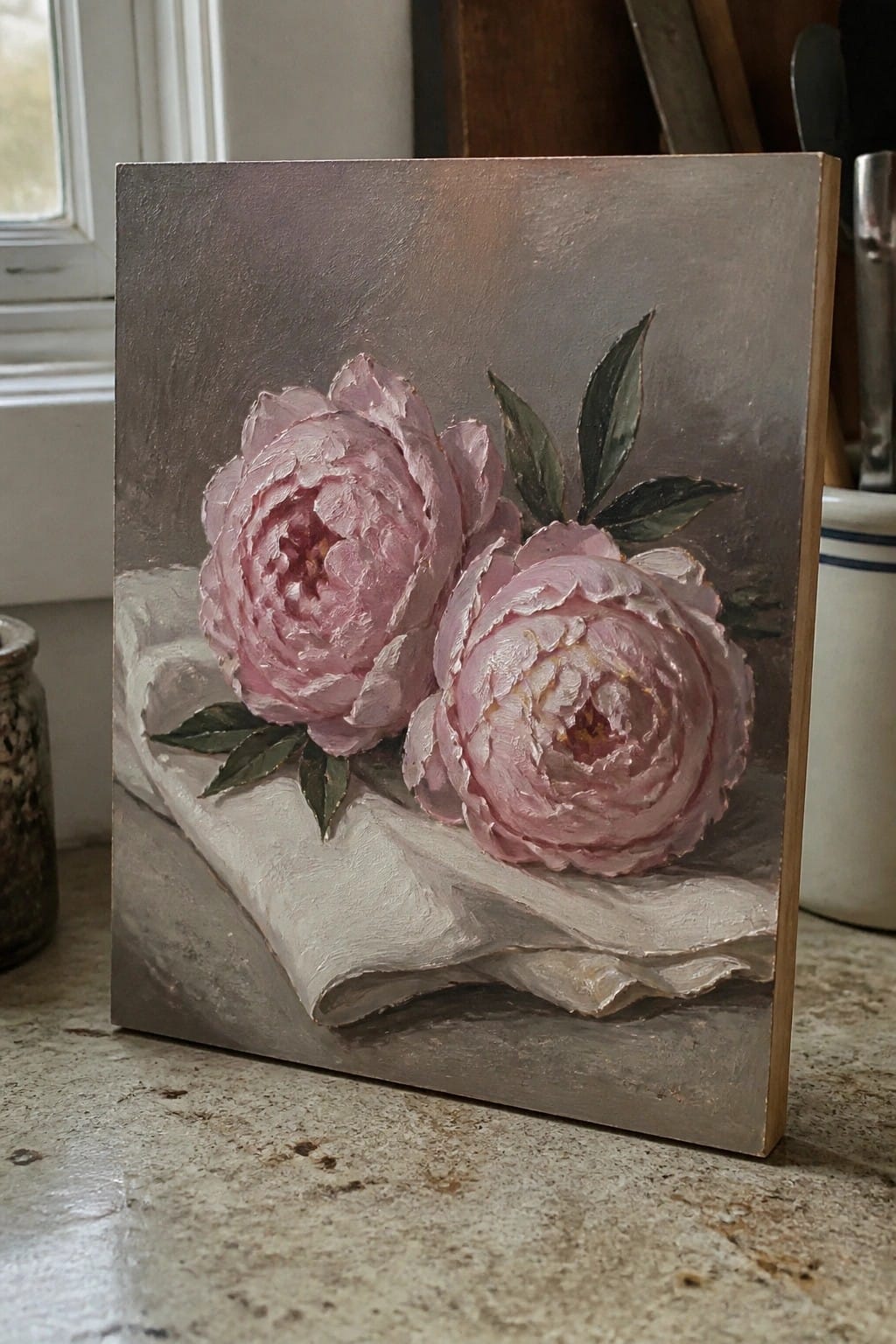 Painting of two pink peonies on white cloth against muted gray background