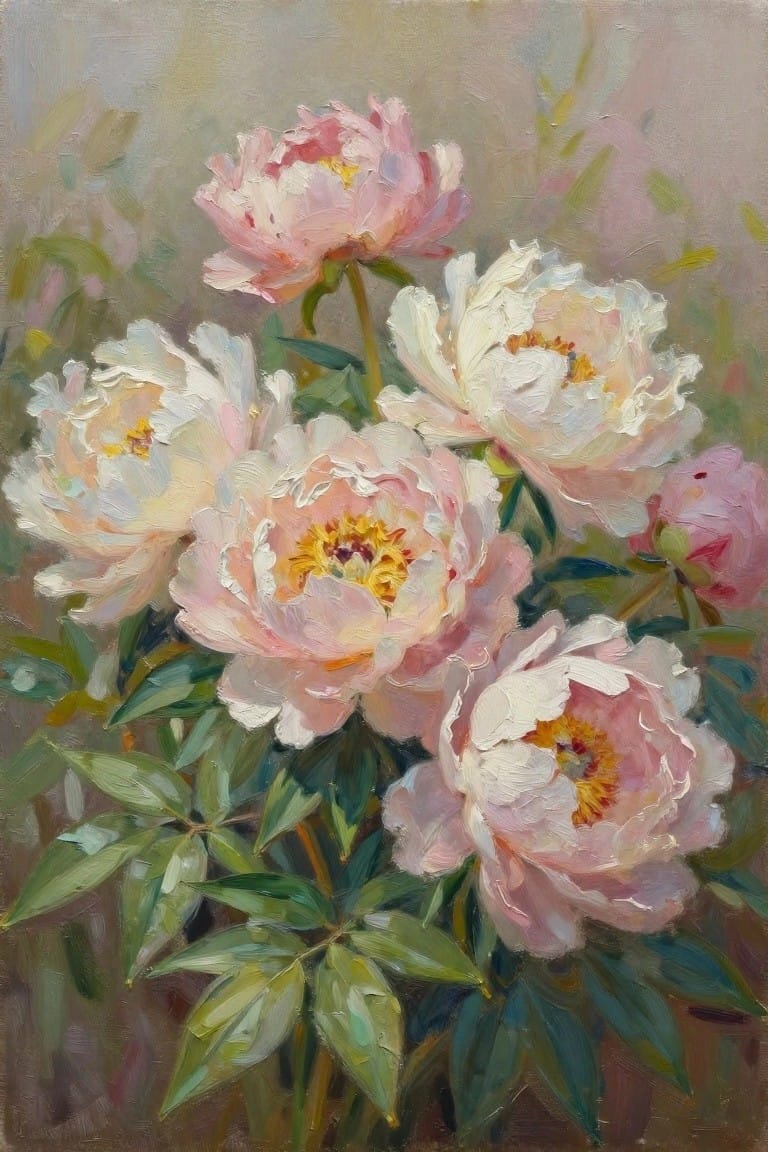 Oil painting of blooming pink and white peonies with yellow centers and green leaves.