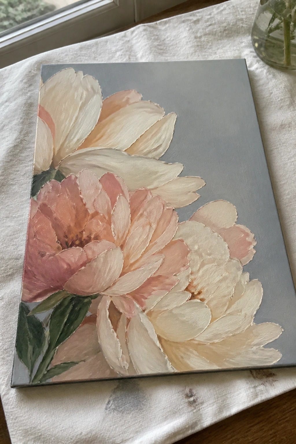 Pink and white peony painting on gray canvas atop white cloth.