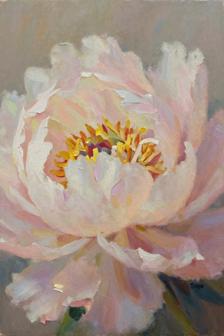 Thickly painted pink peony bloom with yellow-orange stamens on muted background.