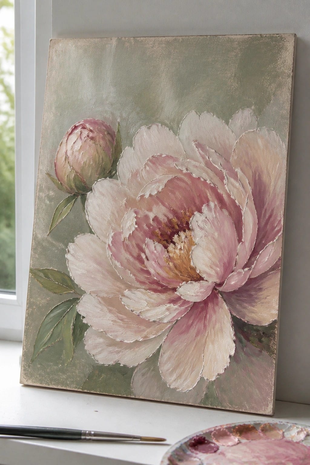 An oil painting of a large pink peony bloom with a smaller bud on a textured greenish background, shown next to a paint palette and brush.