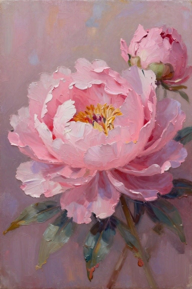 Thickly textured pink peonies with yellow centers and green leaves on muted background