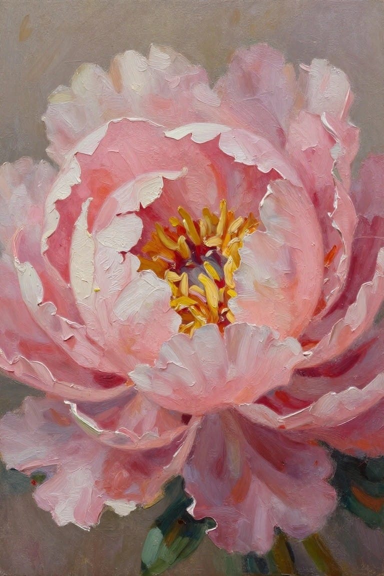 Textured oil painting of vibrant pink peony with yellow-red center