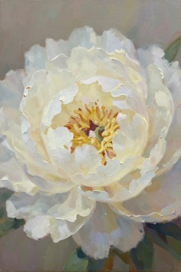 Oil painting of large white peony with ruffled petals and yellow-brown center.
