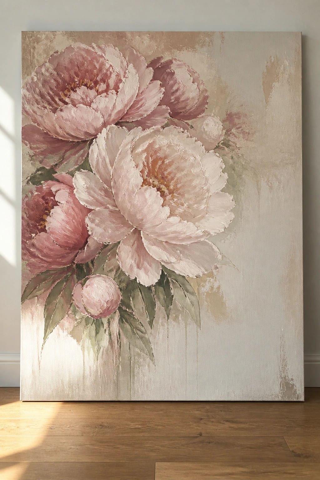 Large canvas of soft pink peonies on beige abstract background, leaning on wooden floor