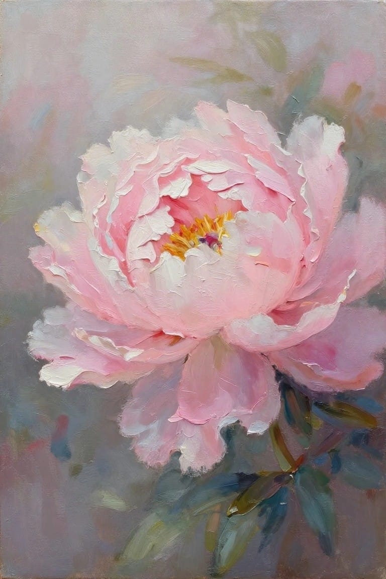 Large pink peony with layered petals, yellow center, and green leaves in oil paint.
