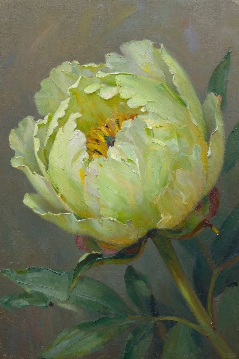 An oil painting of a large light green peony with yellow center and green leaves on a stem against a muted brown background.