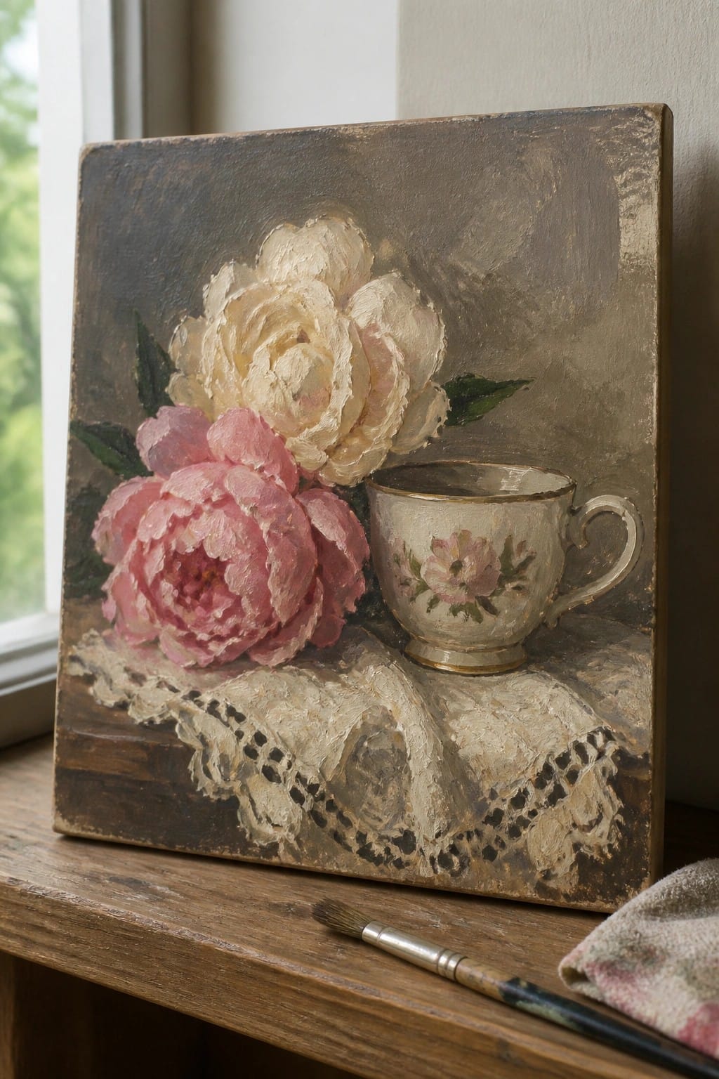 Still life oil painting of pink peonies and floral teacup on lace doily with paintbrush nearby.