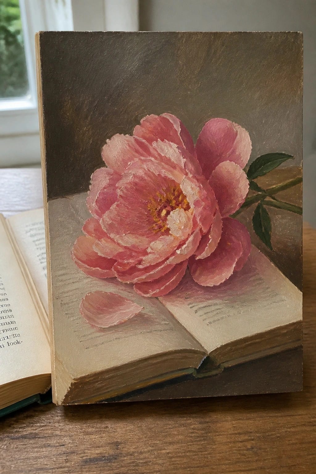 Pink peony with fallen petals on open book in still life painting