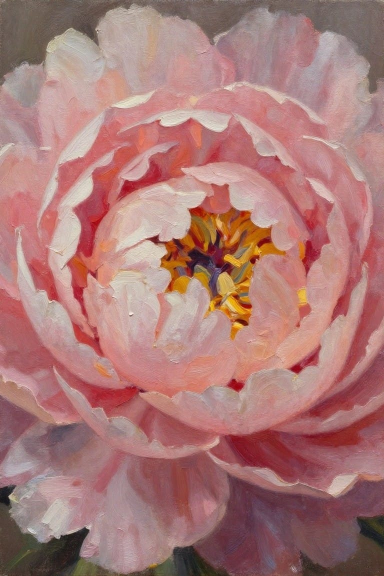 Close-up oil painting of pink peony with layered petals and vibrant yellow center.