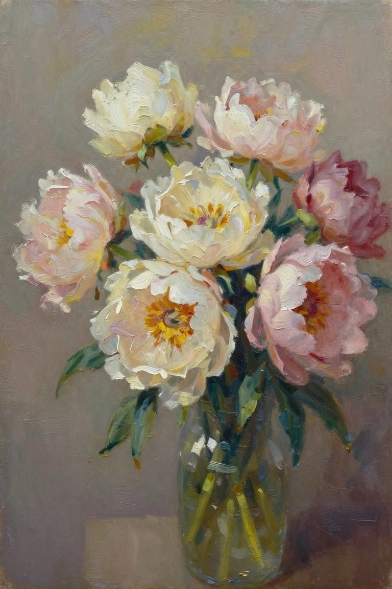 Still life oil painting of pink and white peonies in a glass vase.