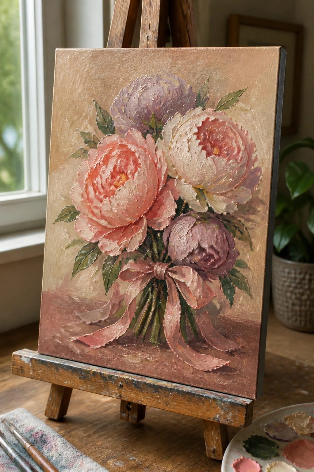 An oil painting of pink and lavender peonies tied with a pink ribbon on a wooden easel.
