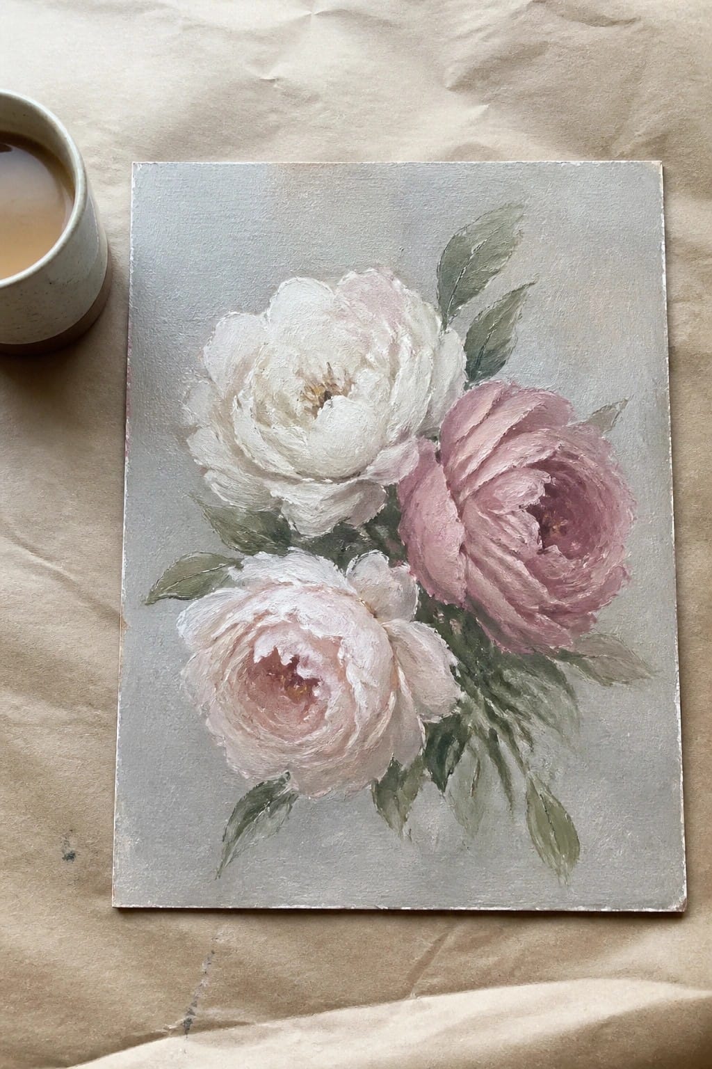 Painting of white and pink peonies beside coffee cup on brown paper