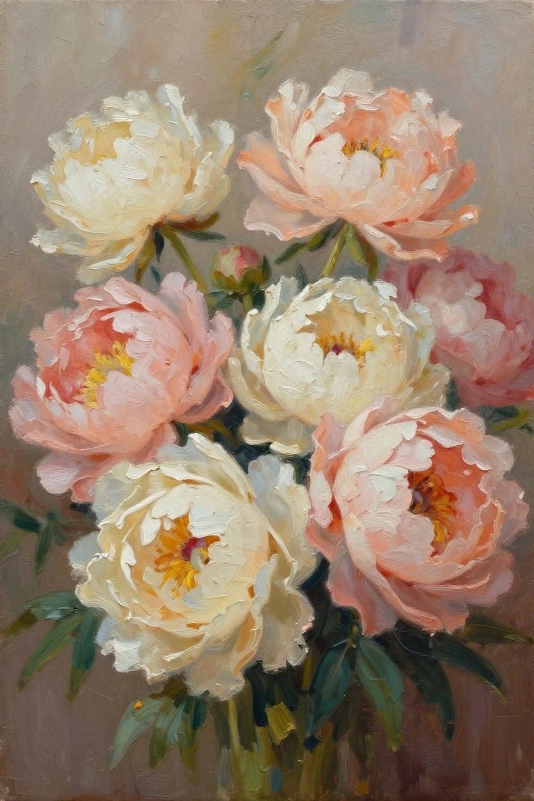 Impressionistic painting of blooming peonies in white, pink, and peach with green leaves