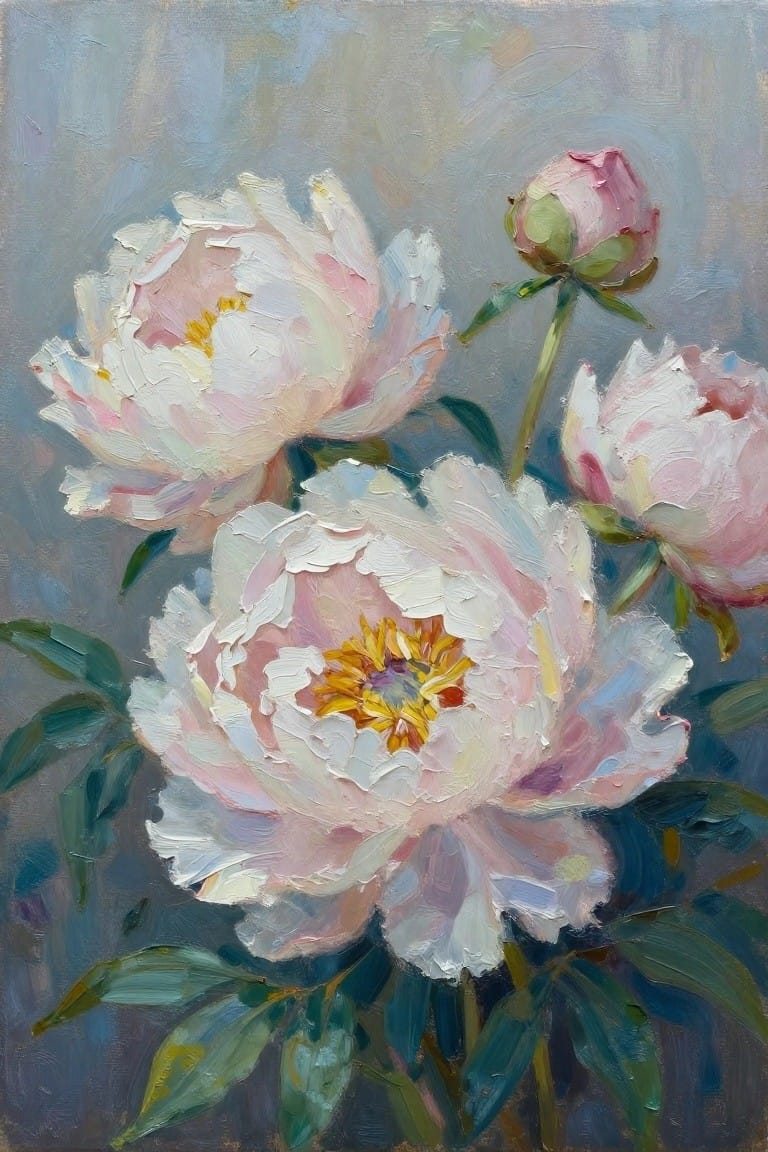 Oil painting of white peonies with pink petals, yellow centers, and green leaves