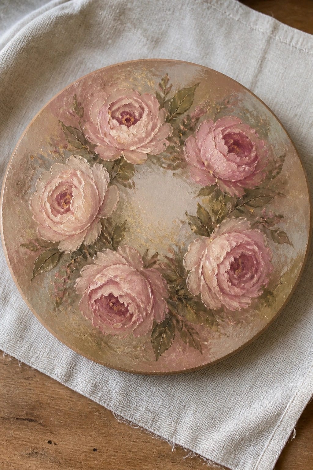 Circular painting of pink roses with leaves and gold accents on white cloth