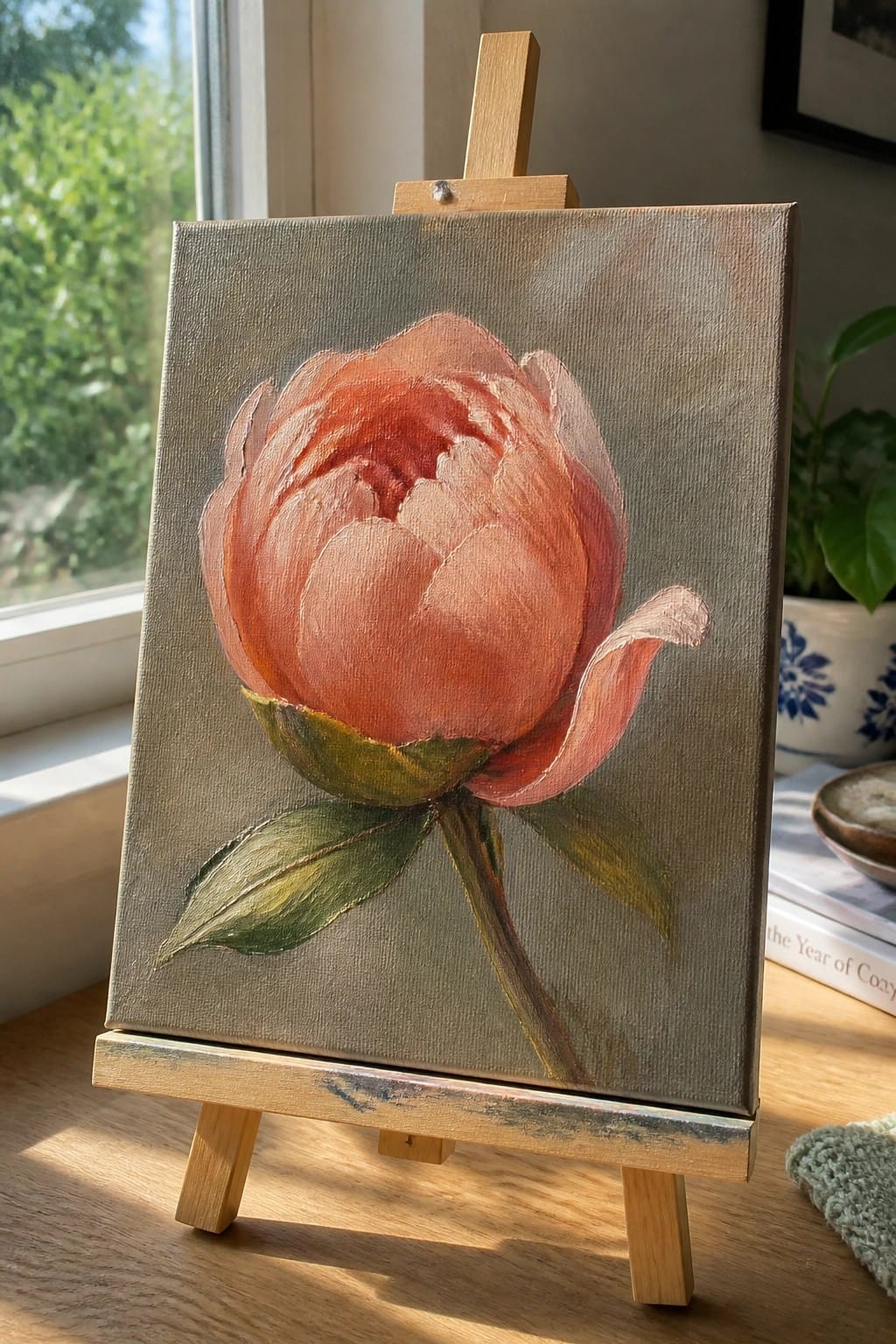 Oil painting of a coral peony flower with layered petals, green stem, and leaves on a gray background, displayed on a wooden easel.