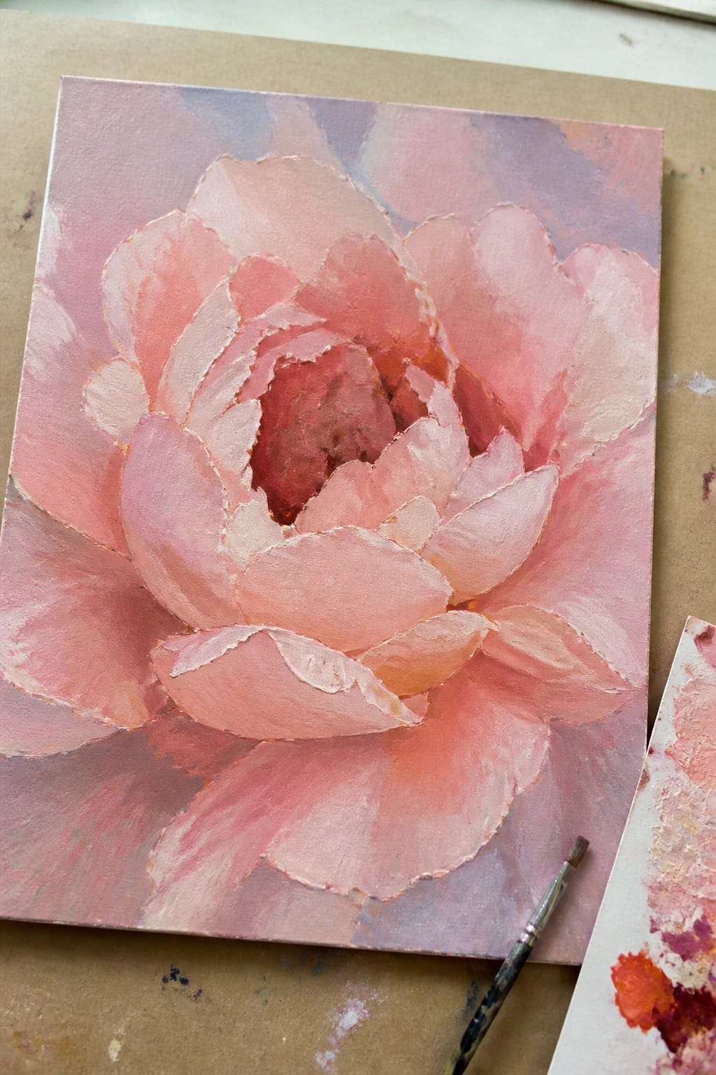 Thickly textured pink peony painting on canvas with paintbrush and palette nearby