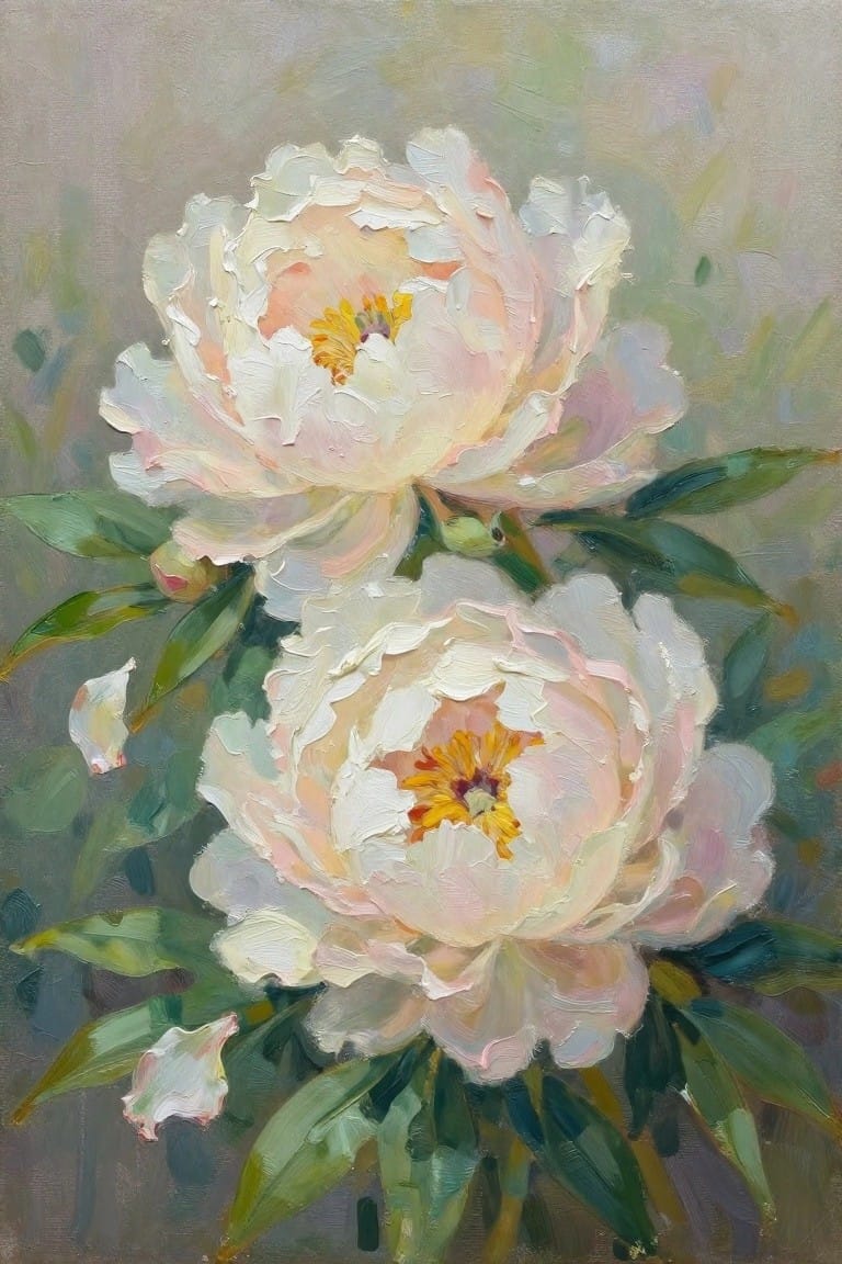 Oil painting of two large white peonies with pink tones, yellow centers, and green leaves on a soft muted background.