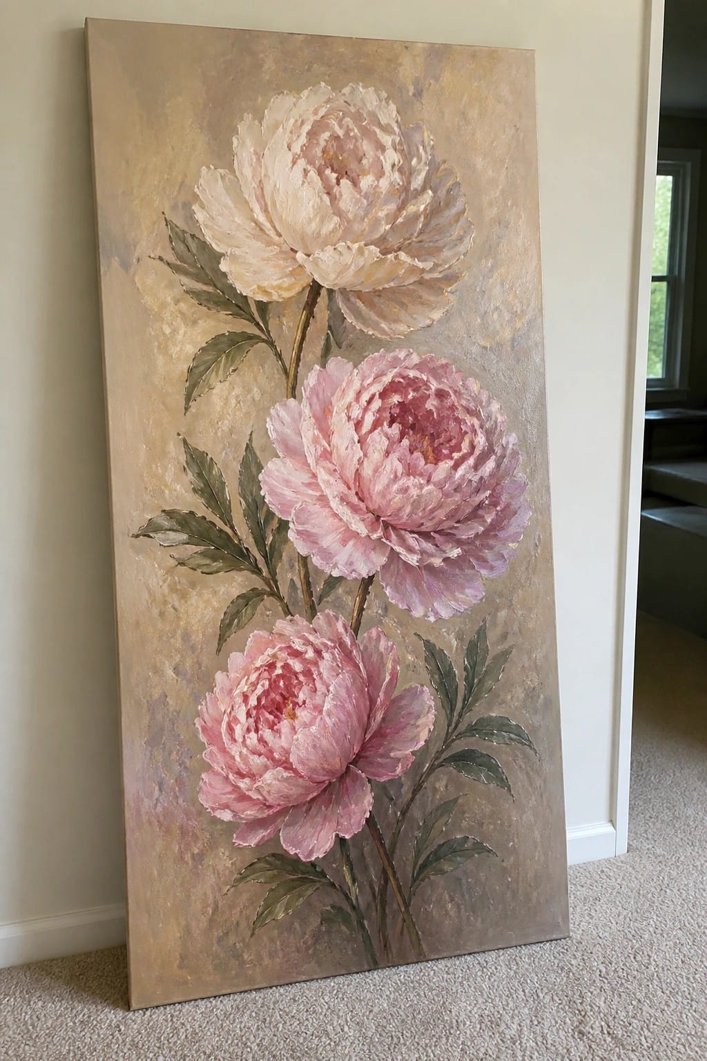 Tall painting of three pink peonies with green leaves on beige background