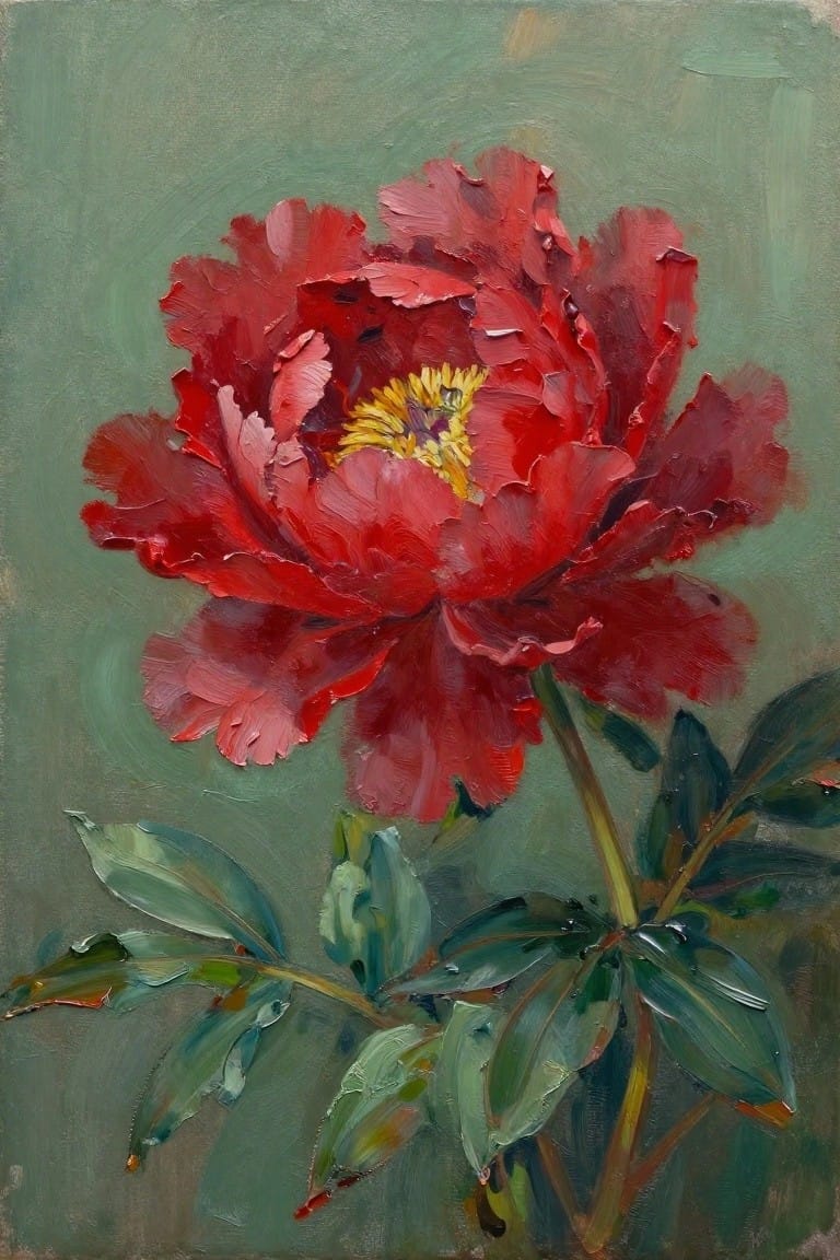 Vivid red peony bloom with yellow center, thick petals, and green leaves.